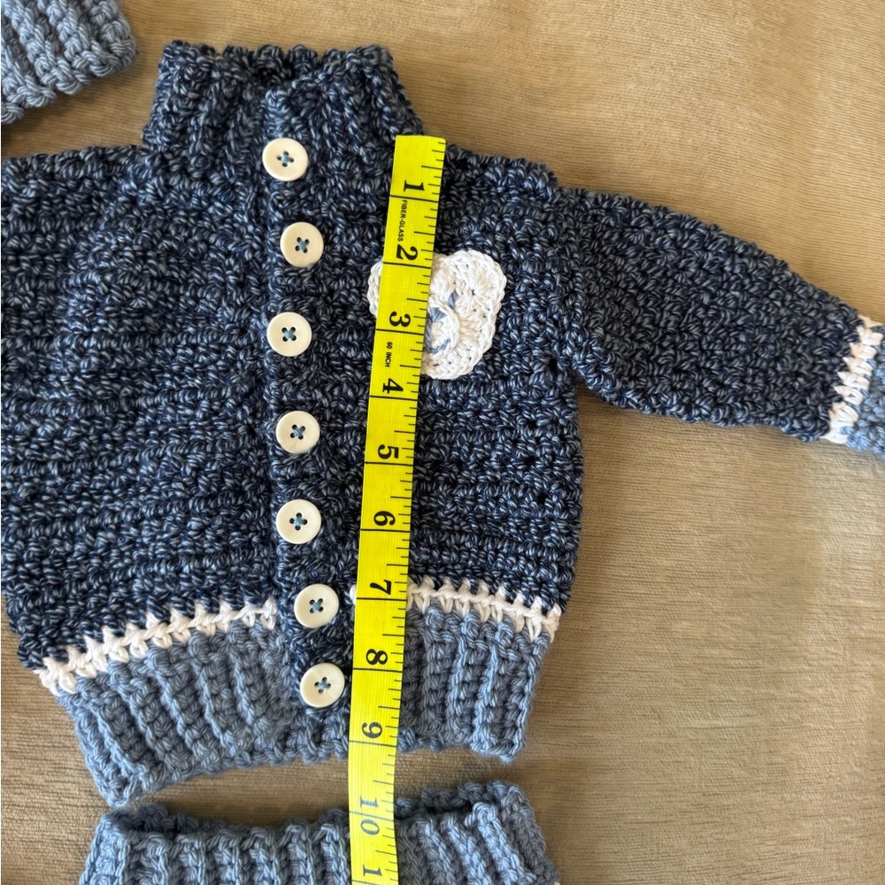 Handmade Crochet Baby Boy Outfit Set Navy Blue & Gray Sweater Hat Booties 0–3 - Picture 7 of 10